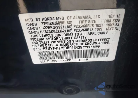 2013 Honda Pilot Ex-L z USA, uszkodzony, nr VIN 5FNYF4H75DB013439